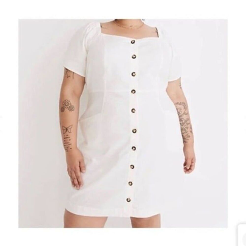 Madewell NWT Sz 16W Lighthouse Kylie Linen Cotton Blend Short Puff Sleeve Dress